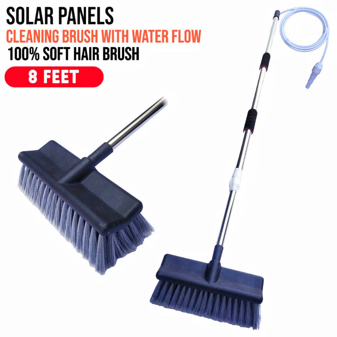 SOLAR PANELS CLEANING BRUSH WITH WATER FLOW SYSTEM | TELESCOPE STAINLESS STEEL ROD 8feet to 14feet.