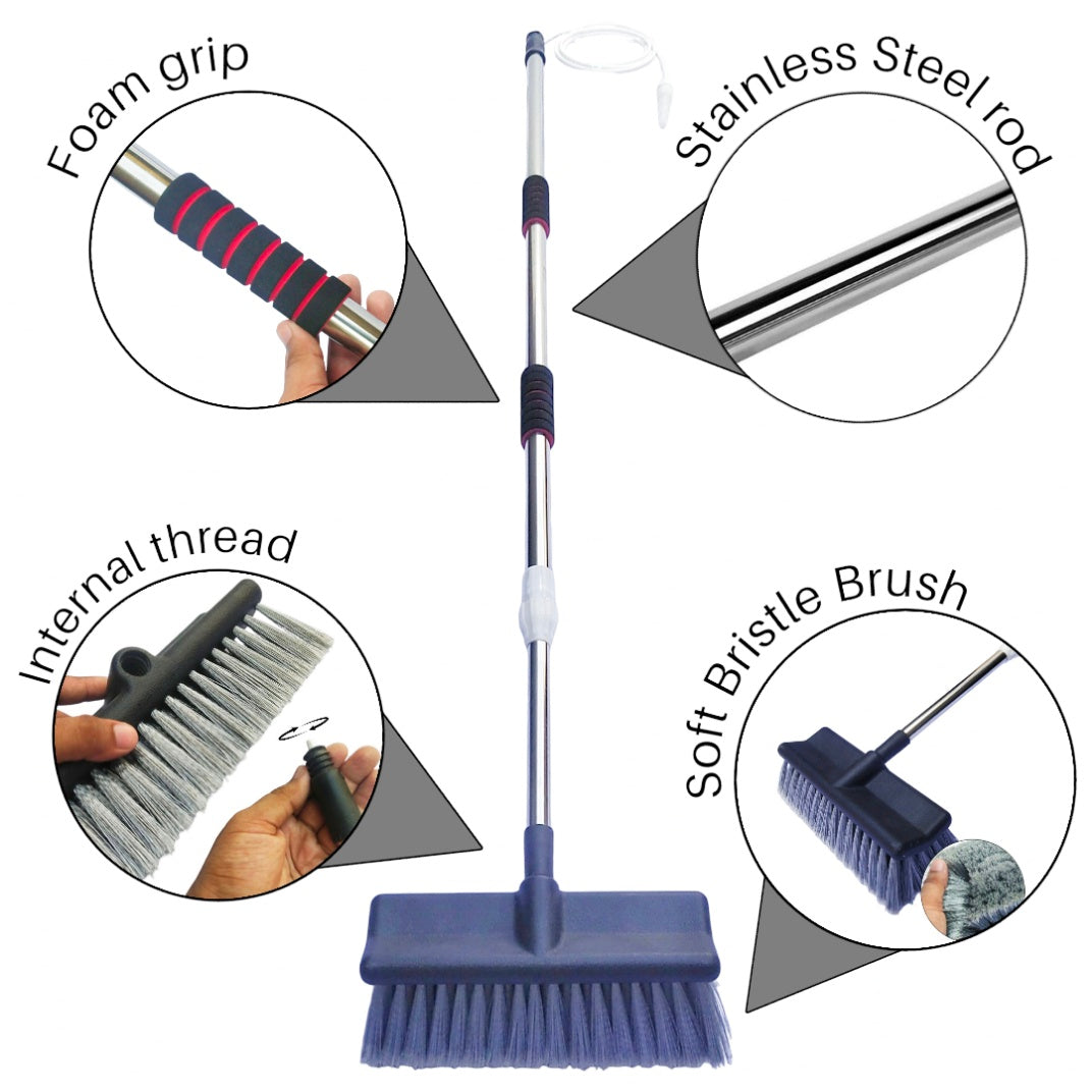 SOLAR PANELS CLEANING BRUSH WITH WATER FLOW SYSTEM | TELESCOPE STAINLESS STEEL ROD 8feet to 14feet.