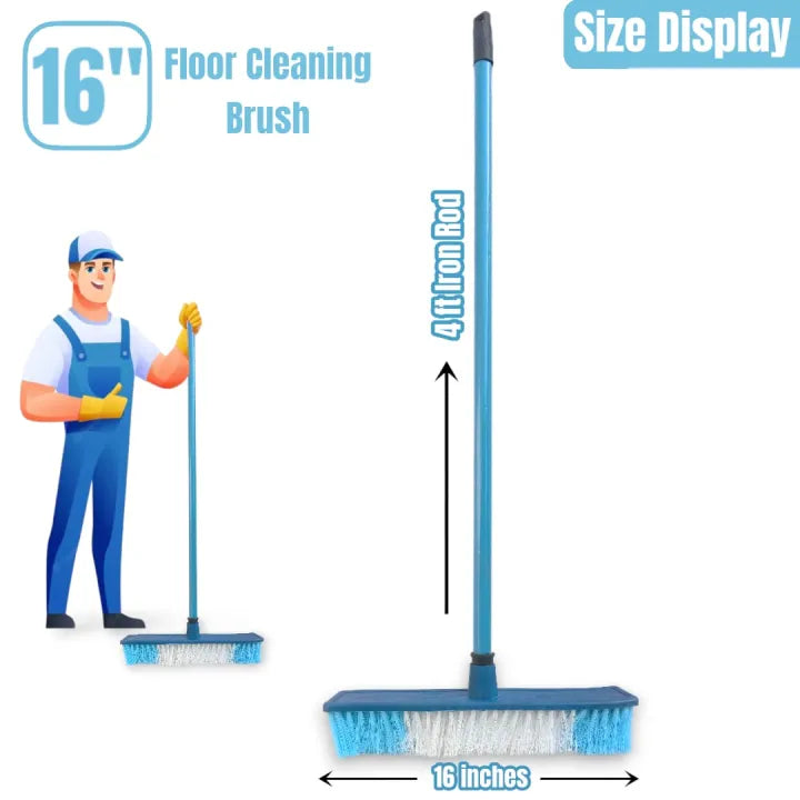 Heavy Duty Floor Cleaning Brush with 48in Long Iron Rod Plastic Broom 16in Wide Floor Sweeper Cleaning Tool for Indoor Outdoor