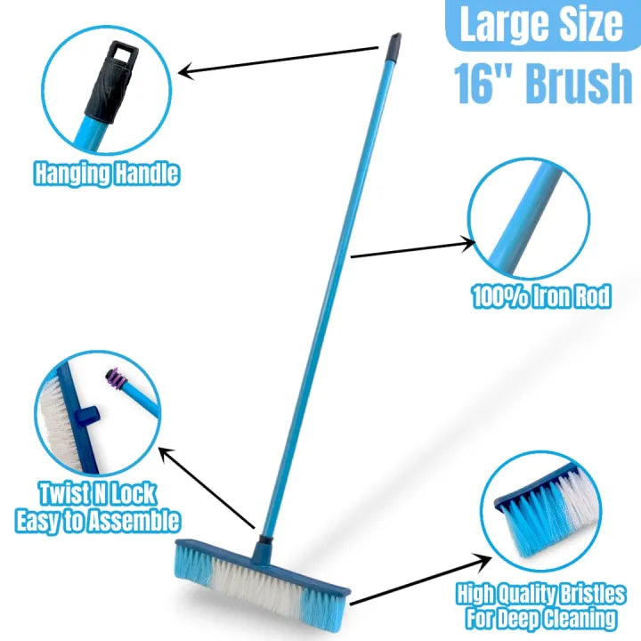 Heavy Duty Floor Cleaning Brush with 48in Long Iron Rod Plastic Broom 16in Wide Floor Sweeper Cleaning Tool for Indoor Outdoor