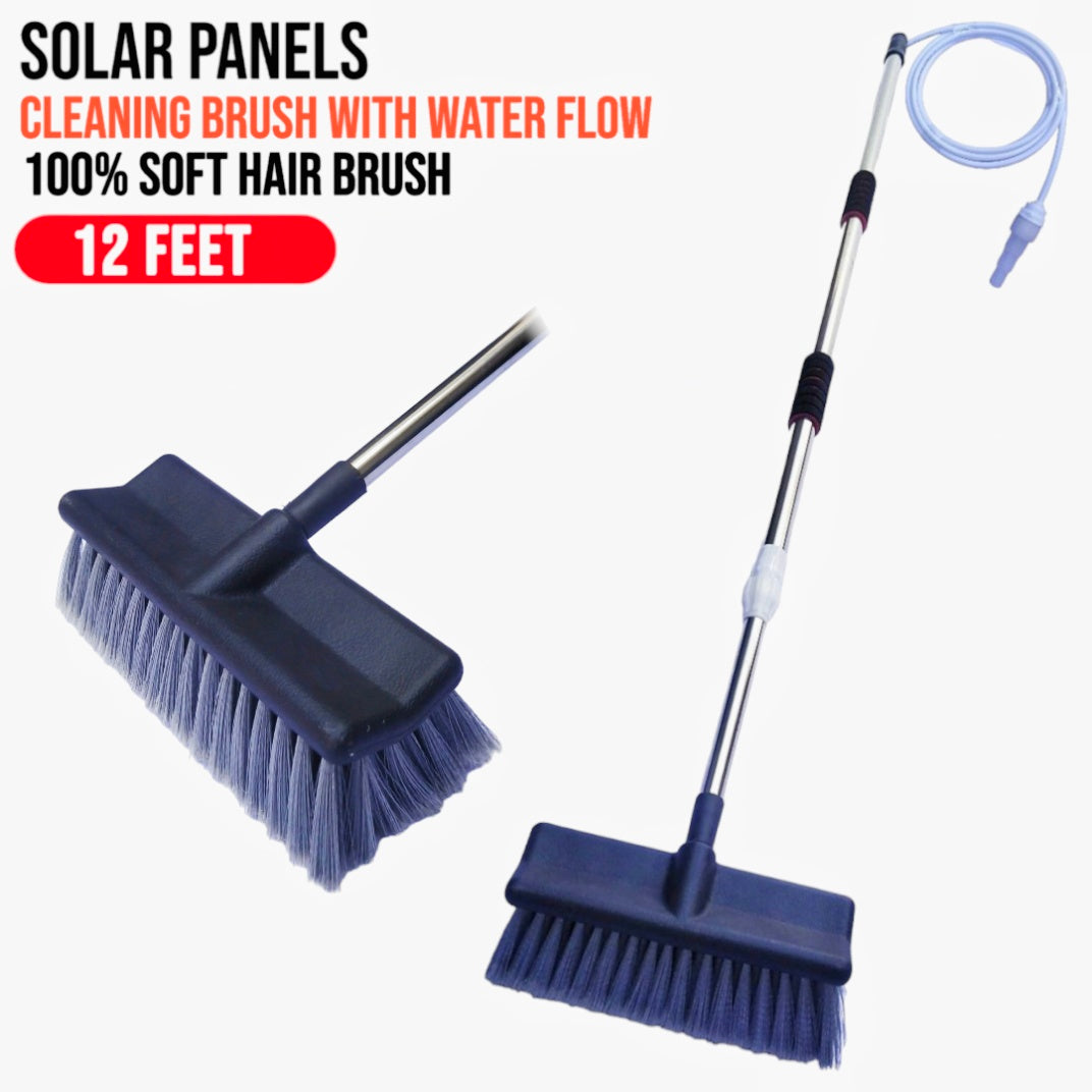SOLAR PANELS CLEANING BRUSH WITH WATER FLOW SYSTEM | TELESCOPE STAINLESS STEEL ROD 8feet to 14feet.