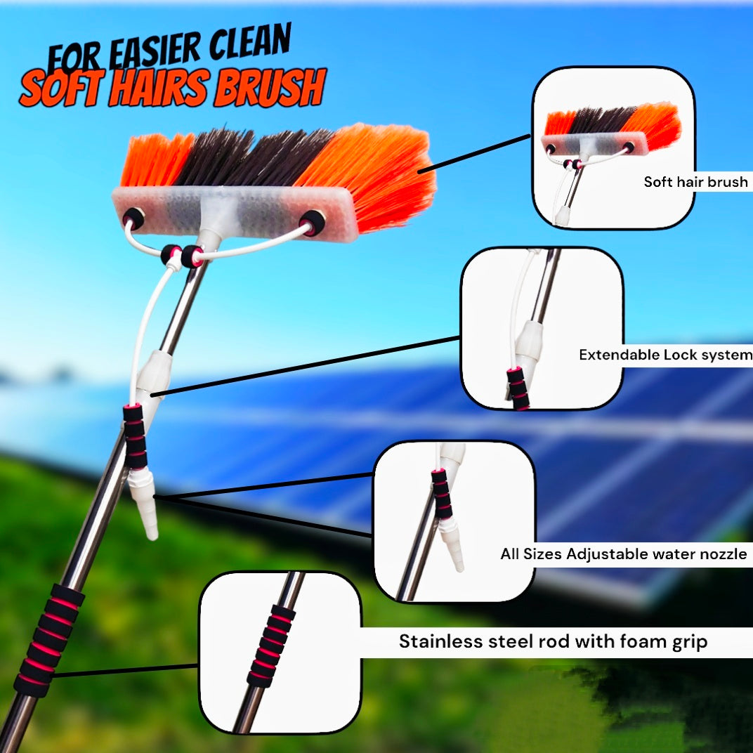 Solar Panels Cleaning Brush with High Quality Ultra Water System & 8 feet to 14 feet Long Extendable Stainless Steel Rod
