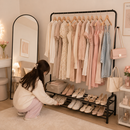 Girls Room Setup Clothing Rack & Shoe Organizer | Clothes Stand Wardrobe Organizer for Bedroom
