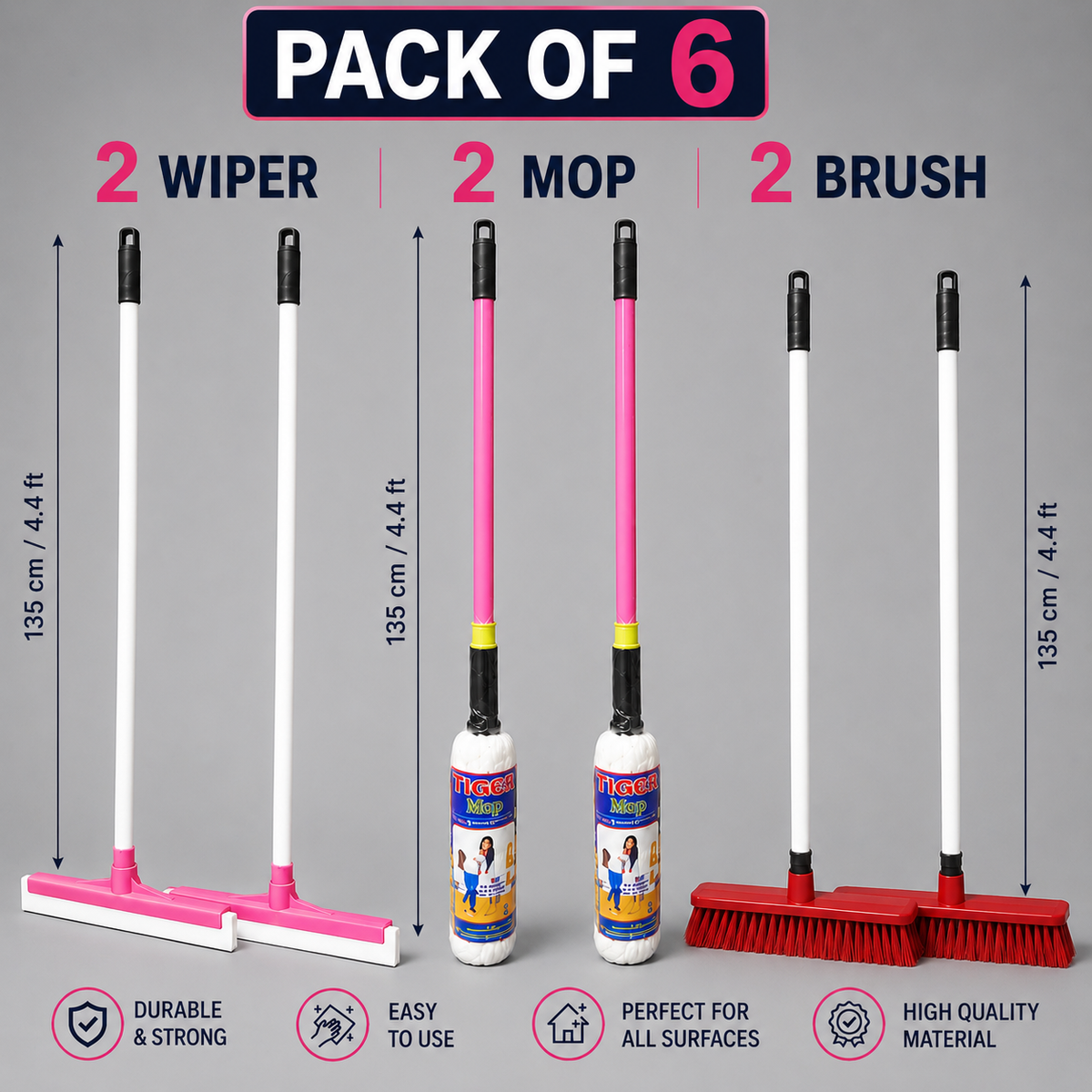 Floor Wiper Mop & Brush Set – 6 Pcs | 2 Wiper + 2 Mop + 2 Brush