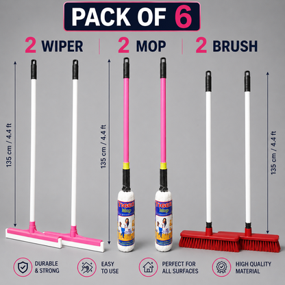Floor Wiper Mop & Brush Set – 6 Pcs | 2 Wiper + 2 Mop + 2 Brush