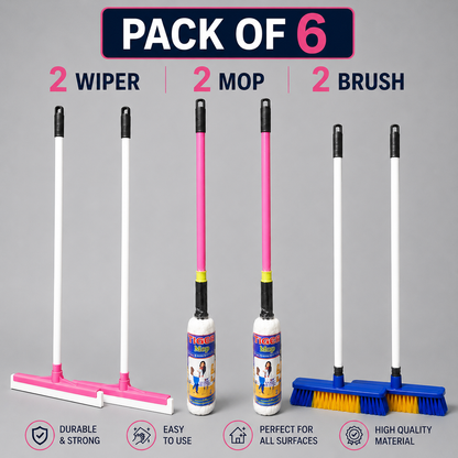 Floor Wiper Mop & Brush Set – 6 Pcs | 2 Wiper + 2 Mop + 2 Brush